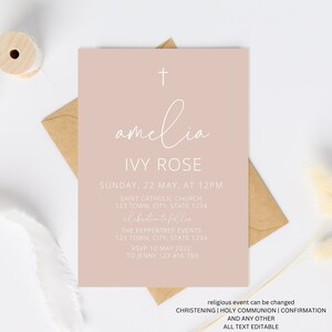 Christening Invitation Girl, Baptism Invitation, Dusty Pink, Pink white, Printable Invitation,  Pink Christening Invitation, Holy Communion