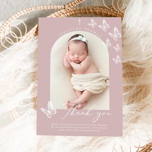 Dusty Pink Baptism Thank you card, Thank you Christening card, Dusty Pink Thank you card, Girls Pink Modern baptism thank you card butterfly