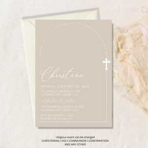 Orthodox Beige Baptism Invitation, Gender Neutral Christening Invite Template, Almond Beige Baptism Invitation, Orthodox Cross