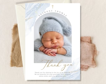 Boy Baptism PHOTO thank you card, Christening Thank you , Dusty Blue card, Boys Blue Thank you card, Blue Thank you for celebrating baptism