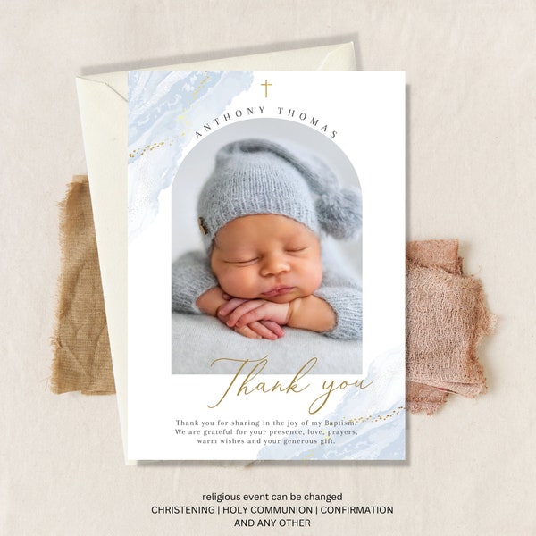 Boy Baptism PHOTO thank you card, Christening Thank you , Dusty Blue card, Boys Blue Thank you card, Blue Thank you for celebrating baptism