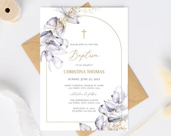 May include: A white baptism invitation with a gold cross and floral design. The text reads "Please join us for the Baptism of our daughter Christina Thomas, Sunday, June 22, 2023, Saint Catholic Church at 10am, 123 Town, City, State 1234, celebration to follow, The Peppertree Events, 123 Town, City, State 1234, RSVP June 10, 2024 to Jenny 123.456.789, religious event can be changed, Christening | Communion | Confirmation | Baptism and any other - all text editable."