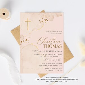 Boho Baptism Invitation, Minimalist Christening Invitation Template, Neutral Christening Invitation, Beige Pink Baptism Invite, Baptismal
