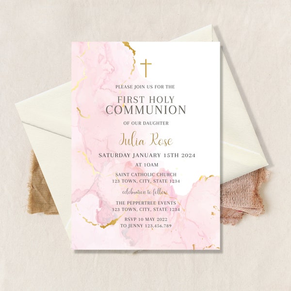 Holy Communion Invitation Template, First Holy Communion invite, Girl Communion Invite Download,  Girl Invitation Pink Text Invite