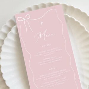 Pink Baptism Menu, whimsical Pink Christening Menu, Religious Menu for baptism decor, Pink menu with cross, "4 x 9" DIY Printable menu bow