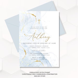 Christening Invitation Boy, Baptism Invitation, Blue and Gold, Light Blue Watercolour, Printable Baptismal Invitation, Blue Gold Christening