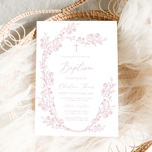Vintage Floral Baptism Invitation Girl, Girl Flower Invitation Template, Christening Invitation Dusty Pink Template, Victorian Era