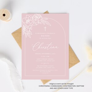 Invitacion de Bautizo, Rosa Bautizo Invitation In Spanish, Invitaciones Bautizo, Classic Baptism, Mi Bautizo, Religious Invitation, Pink