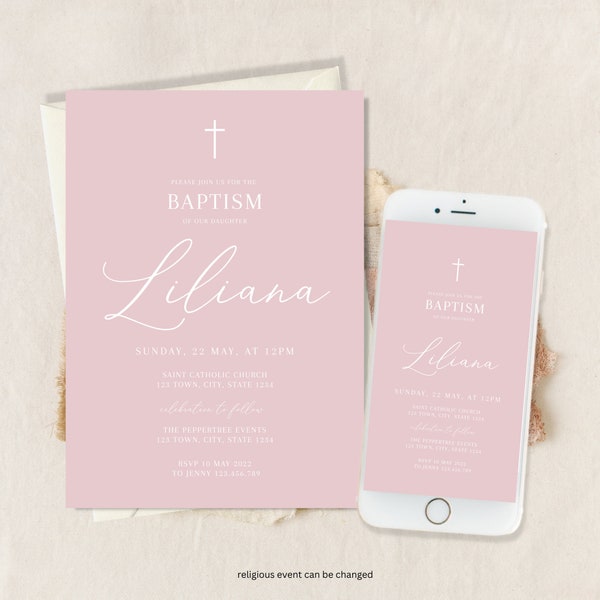 Pink Baptism Invitation Girl, Christening Invitation, Arch Baptism Invite Printable, Pink Christening Invitation, Holy Communion