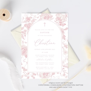 Vintage Floral Baptism Invitation Girl, Girl Flower Invitation Template, Christening Invitation Dusty Pink Template, Victorian Era butterfly
