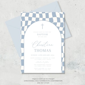 Boy Baptism Invitation, Christening Invite , Dusty Blue Invite, Boys Blue Checkered Invite, Modern Baptism Invite digital download, checked