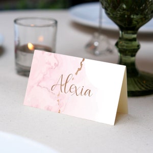Soft Pink Rose Gold Speckle watercolor Editable Place Card Template, 3.5x2" Folded, Simple Handwritten script font , DIY Printable  card