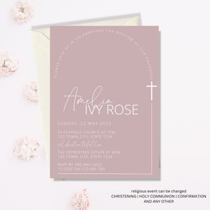 Baptism Invitation Girl, Christening Invitation, Arch Dusty Pink Rose Invitation, Pink Christening Invitation, Holy Communion Printable