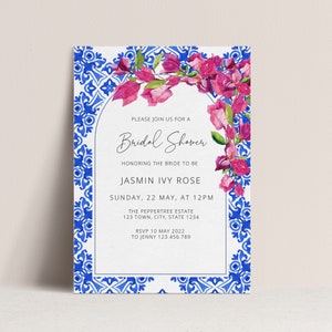 Bridal Shower Invitation, Modern Elegant Wedding Invitation Template, Printable Wedding Invite, Santorini Blue Tiles Bougainvillea