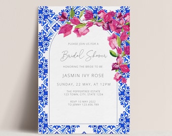 Bridal Shower Invitation, Modern Elegant Wedding Invitation Template, Printable Wedding Invite, Santorini Blue Tiles Bougainvillea