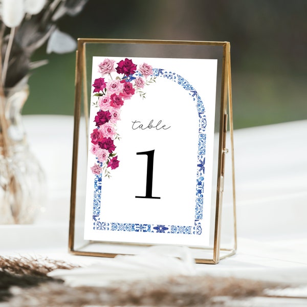 Santorini Table Number , simple number, table decorations, Mediterranean Bridal Shower, Santorini Blue Tiles Bougainvillea , Table Number