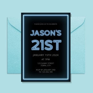 Neon Light Birthday Invitation, Glow Party , Teen,  Adult bday Invite, Editable Template, Blue Neon, 80s, ANY AGE, Let&#39;s Glow party, 21st
