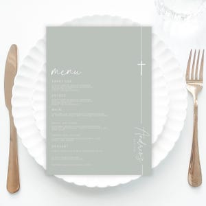 Sage Green Baptism Menu Template add Guest Names, Modern baptism Place Card Dinner Menu, Christening place card, Green christening menu