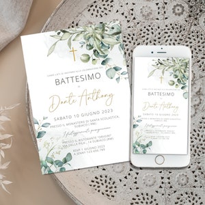 May include: A white invitation with gold lettering and green watercolor floral designs. The invitation is for a baptism and includes the name Dante Anthony, the date Saturday, June 10, 2023, and the location, the Monastery of Santa Scolastica in Subiaco, Italy. The invitation also includes the details for the reception at the Ristorante "Origini" in Subiaco, Italy.