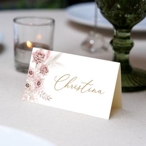 Soft Pink Gold Editable Place Card Template, 3.5x2" Folded, Simple Handwritten script font , DIY Printable  card, pink boho placecard