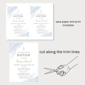 Modern Christening Invitation, Boy Baptism Invitation Template, Blue Christening Invite Template, Blue Watercolor Boys Blue Gold Evite image 5