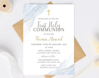 1st communion invitation boy, Holy Communion Invitation Boy, First Communion Invite, Blue and Gold invitation Printable Communion Invitation
