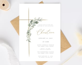 Peut inclure: Une invitation de baptême blanche avec une croix dorée et un motif floral vert. Le texte indique "Veuillez vous joindre à nous pour le baptême de notre fille Christina, le 22 janvier 2025 à 10h00, Église catholique Saint, 123 Ville, Ville, État, célébration à suivre, Les événements Peppertree, 123 Ville, Ville, État, RSVP le 10 janvier 2025 à Jenny 123-456-789, événement religieux peut être modifié, Baptême | Sainte Communion | Confirmation et tout autre."