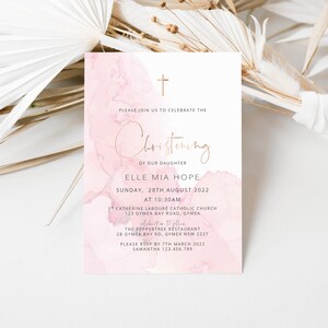 Light Soft Pink Watercolor Rose Gold Marble Baptism Invitation Girl Dainty Cross Sparkly Gold Holy Communion Invitation Digital Download