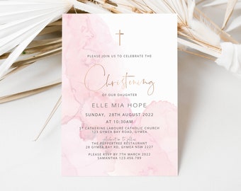 May include: A Christening invitation with a soft pink watercolor design and gold text. The invitation includes the name "Elle Mia Hope", date, time, and location details. A cross is at the top.