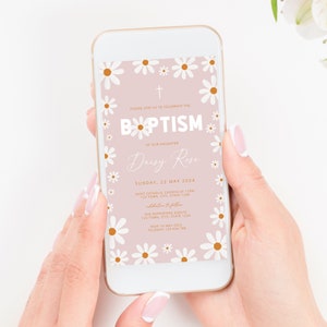Retro Daisy Baptism Invitation Party Invitations | First Birthday Daisy Invite | Pink Baptism Invitation Printable Instant Download