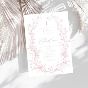 May include: A pink floral baptism invitation with a cross and the text "Please join us for the Baptism of our daughter Christina" and the date "Sunday 15th January 2024".