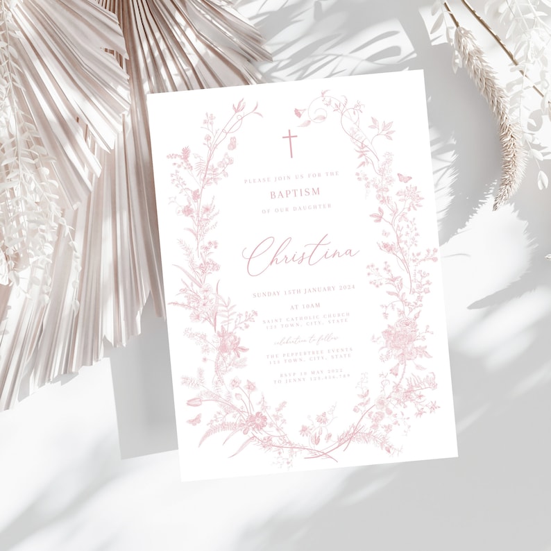 May include: A pink floral baptism invitation with a cross and the text "Please join us for the Baptism of our daughter Christina" and the date "Sunday 15th January 2024".