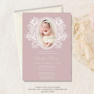 Baptism invitation girl with photo, Christening invitations girl, Pink baptism invitation with picture, floral baptism invitation girl