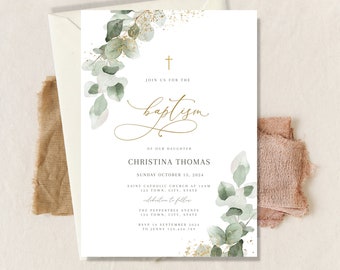 Baptism Invitation Greenery, Baptism Invitation Girl, Baptism Invitation, Boy Baptism Template, Instant Download, Greenery, Eucalyptus sage