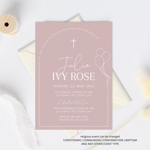 First birthday and Baptism girl invitation, Balloons Christening Invite , Dusty Pink Invite, Girls Pink Modern Invite, First Birthday Invite