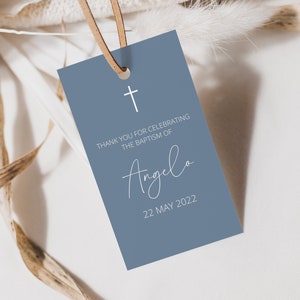 Dusty Blue Baptism Favor Tag Template, Modern Thank You Tag, Gold, Minimalist, Wedding Favor Tag Template, Christening Tag