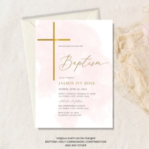 Pink Baptism Invitation Girl, Baptism Invitation template,Girl Christening Invitation Template, Pink Christening Invitation, Gold and Pink
