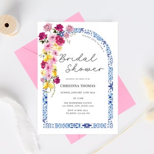 Mediterranean tile and Lemon Bridal Shower Invitation template Blue tile Arch Pink bridal shower Italian Blue Tile Lemon Bridal template