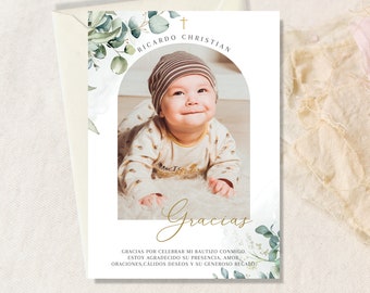 Tarjeta de agradecimiento con foto de bautizo para niño, gracias de bautizo, gracias azul por celebrar el bautizo, Greenery thank you