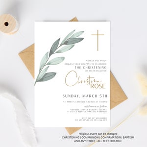 Christening Invitation Template, Printable Baptism Invite, Watercolor Invite Download, Boy Girl Invitation Christening, Green leaves Neutral