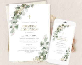 May include: A digital invitation with a watercolour background of green leaves and gold glitter. The text reads "Acompañanos a celebrar la Primera Comunión de nuestra hija James Thomas Sábado, Noviembre 5, 2023 Saint Catholic Church a las 10am 123 Town, City, State 1234 Recepción The Peppertree Events 123 Town, City, State 1234 Por favor confirmar su asistencia antes del 28 de Octubre 123.456.789"