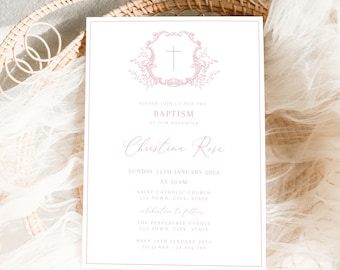 Vintage Floral Baptism Invitation Girl, Girl Flower Christening Invitation Dusty Pink Template, Crest Baptism Invitation with Cross in Pink