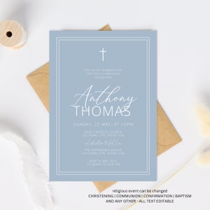 May include: A light blue invitation card with a white cross at the top. The text reads "Join us to celebrate the first Holy Communion of our son Anthony Thomas. Sunday, 22 May, at 12pm. Saint Catholic Church 123 Town, City, State 1234. Celebration to follow. The Peppertree Events 123 Town, City, State 1234. RSVP 10 May 2022 to Jenny 123.456.789. Religious event can be changed. Christening | Communion | Confirmation | Baptism and any other - All text editable."