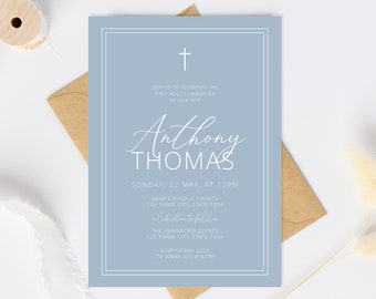 Holy Communion Invitation Template, Blue First Holy Communion invite, Boy Communion Invite Download,  Boy Invitation Dusty Blue Invite