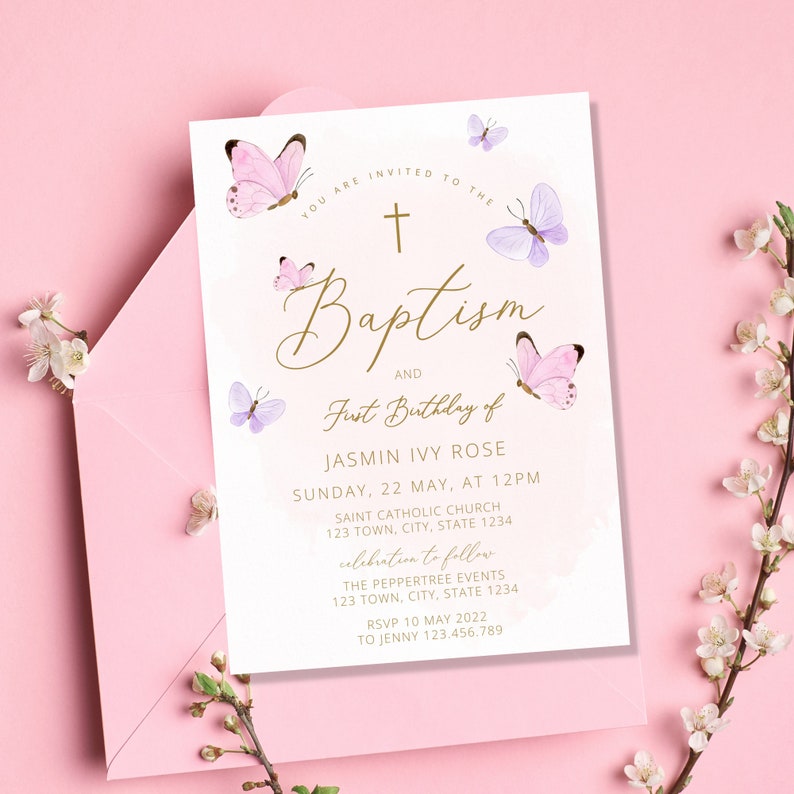 Baptism Invitation Girl Butterfly Christening Invitation Etsy