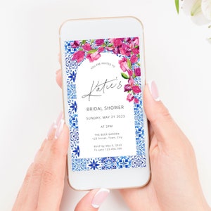 Blue Tiles Greece Bridal Shower Evite, Bougainvillea Digital Invitation, Santorini Theme Bridal Shower Smartphone Electronic Envite