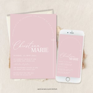 Pink Baptism Invitation Girl, Christening Invitation, Arch Baptism Invite Printable, Pink Christening Invitation, Holy Communion