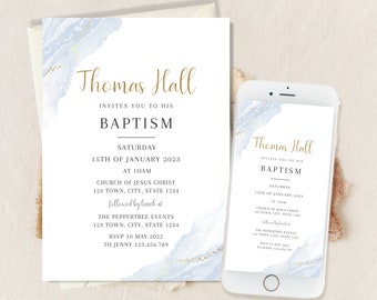 May include: A blue and gold baptism invitation with a watercolor background. The invitation is for Thomas Hall's baptism on January 15th, 2023 at 10am. The invitation includes the location of the church and the RSVP information.