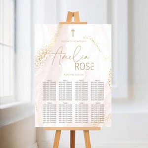 Pink gold baptism seating chart template, girl baptism welcome sign, baptism seating plan, printable pink watercolor christening sign