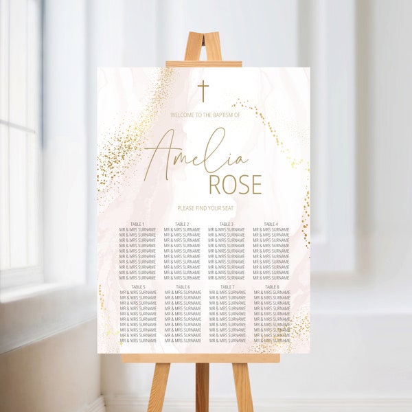 Pink gold baptism seating chart template, girl baptism welcome sign, baptism seating plan, printable pink watercolor christening sign